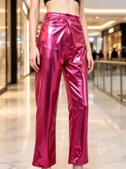 Pantalon de soirée décontracté argenté métallisé brillant à fente sur le devant taille haute en similicuir réfléchissant jambes larges pour femme