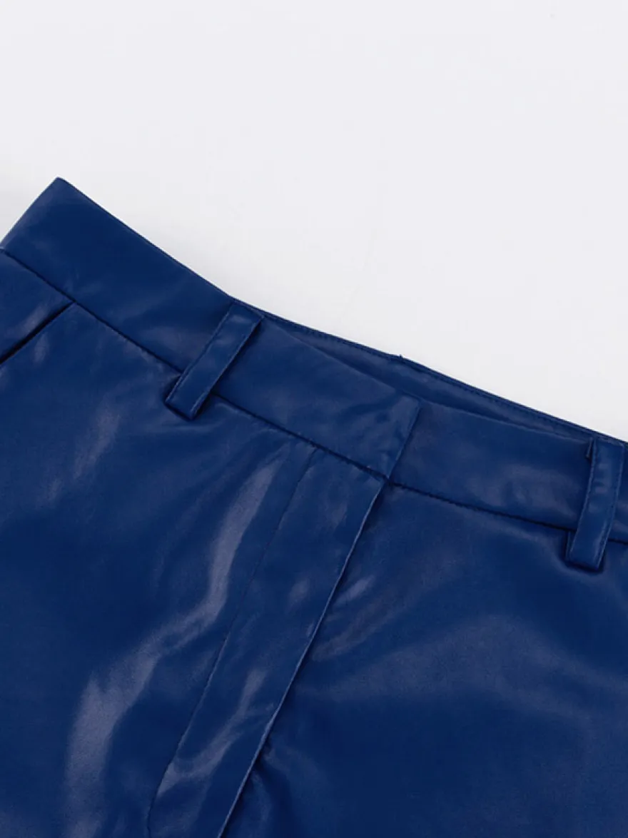 Pantalon droit en similicuir bleu à boutons taille naturelle