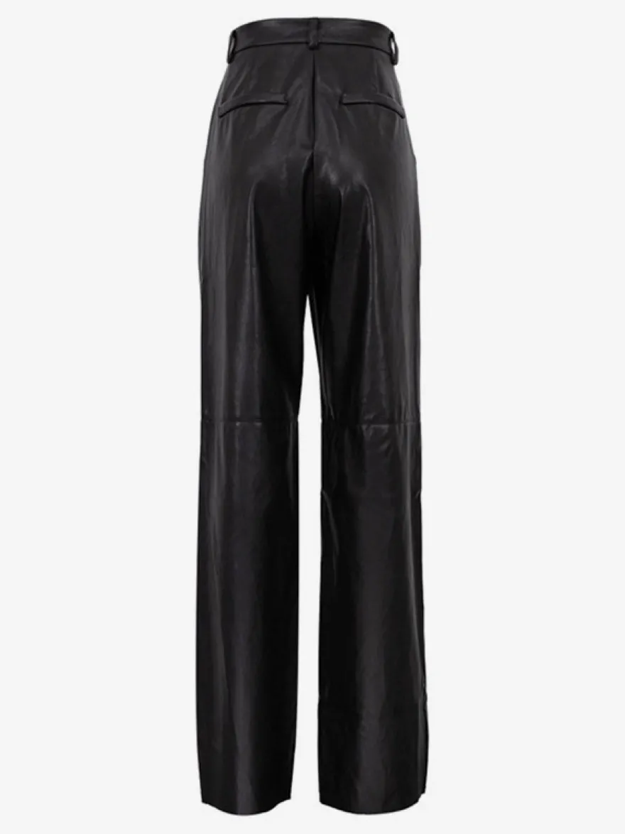 Pantalon droit en similicuir bleu à boutons taille naturelle
