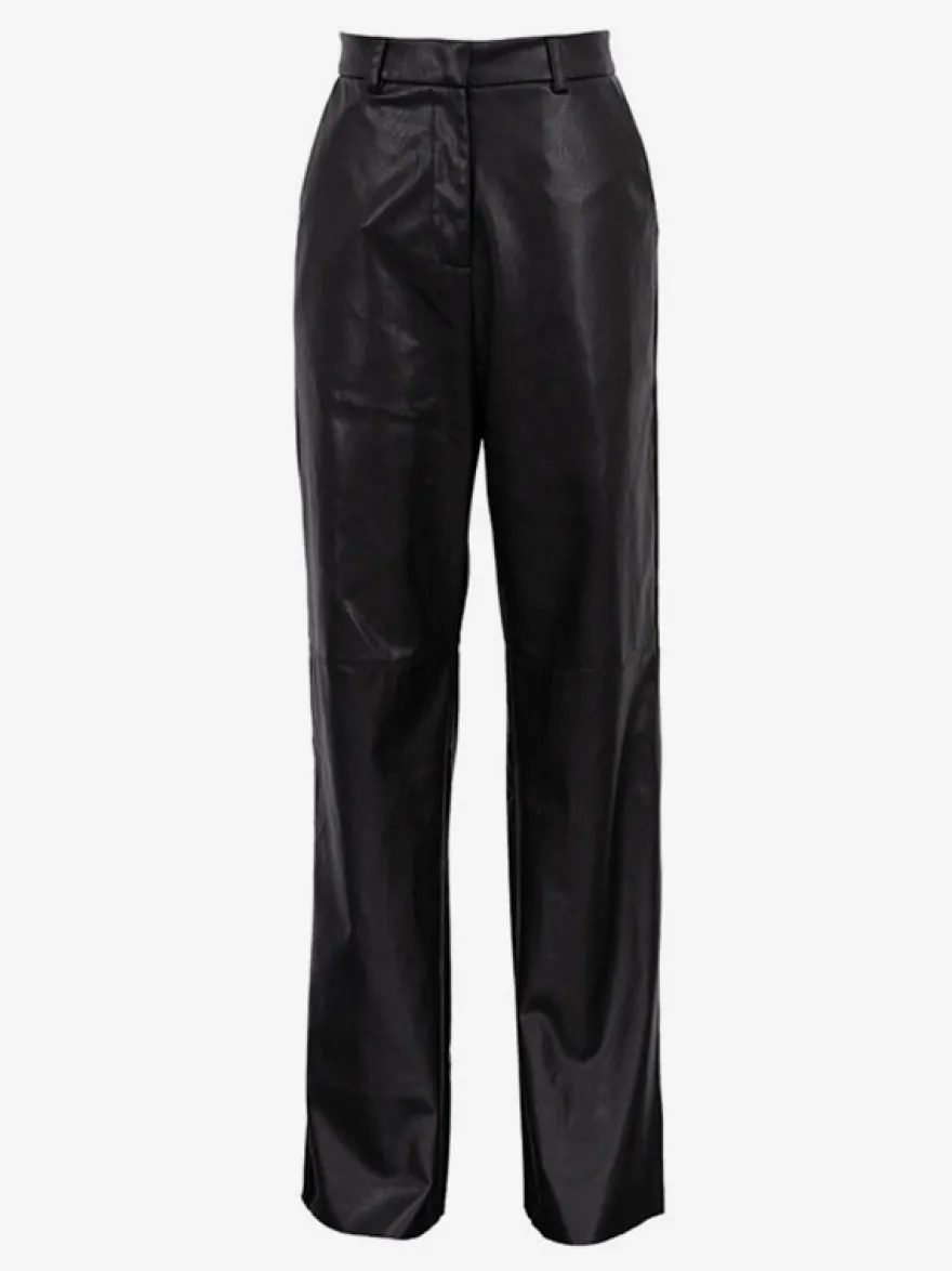 Pantalon droit en similicuir bleu à boutons taille naturelle