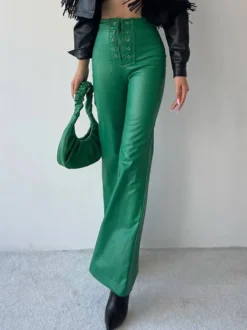 Pantalon en cuir PU avec cordon de serrage et taille surélevée pour femme