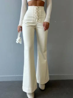 Pantalon en cuir PU avec cordon de serrage et taille surélevée pour femme