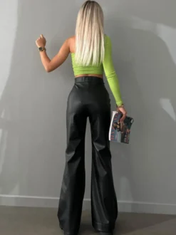 Pantalon en cuir PU avec cordon de serrage et taille surélevée pour femme