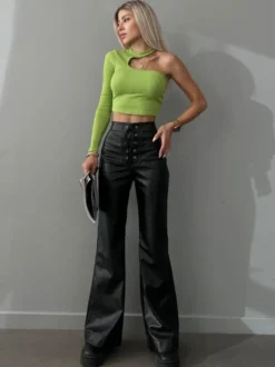 Pantalon en cuir PU avec cordon de serrage et taille surélevée pour femme