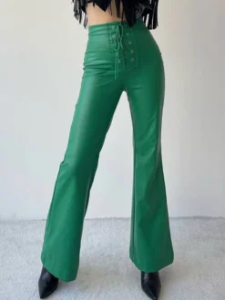 Pantalon en cuir PU avec cordon de serrage et taille surélevée pour femme
