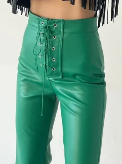 Pantalon en cuir PU avec cordon de serrage et taille surélevée pour femme