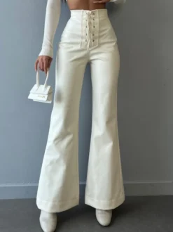 Pantalon en cuir PU avec cordon de serrage et taille surélevée pour femme