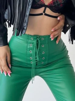 Pantalon en cuir PU avec cordon de serrage et taille surélevée pour femme