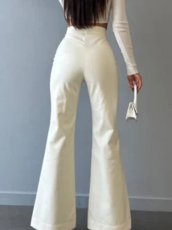 Pantalon en cuir PU avec cordon de serrage et taille surélevée pour femme