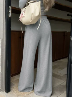 Pantalon en maille à jambes larges et cordon de serrage pour femme taille haute plissé ample doux et décontracté longueur au sol