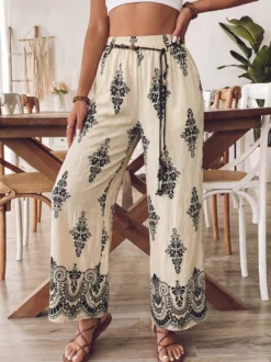 Pantalon imprimé abricot à lacets et taille haute