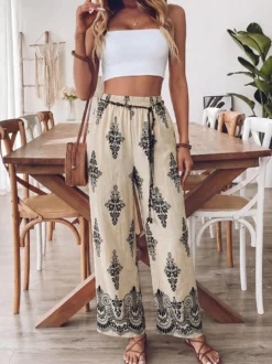 Pantalon imprimé abricot à lacets et taille haute