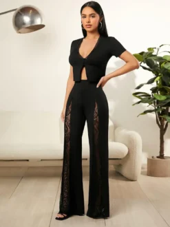 Pantalon large à découpe en dentelle sur le côté taille haute évasée pantalon femme