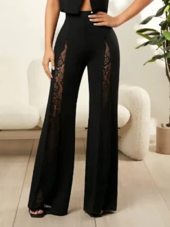Pantalon large à découpe en dentelle sur le côté taille haute évasée pantalon femme