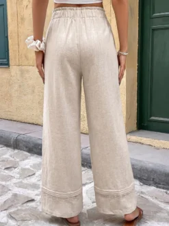 Pantalon large en lin mélangé pour femme cordon de serrage ourlet en dentelle taille élastique style décontracté