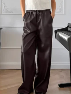 Pantalon large en similicuir à taille élastique et cordon de serrage