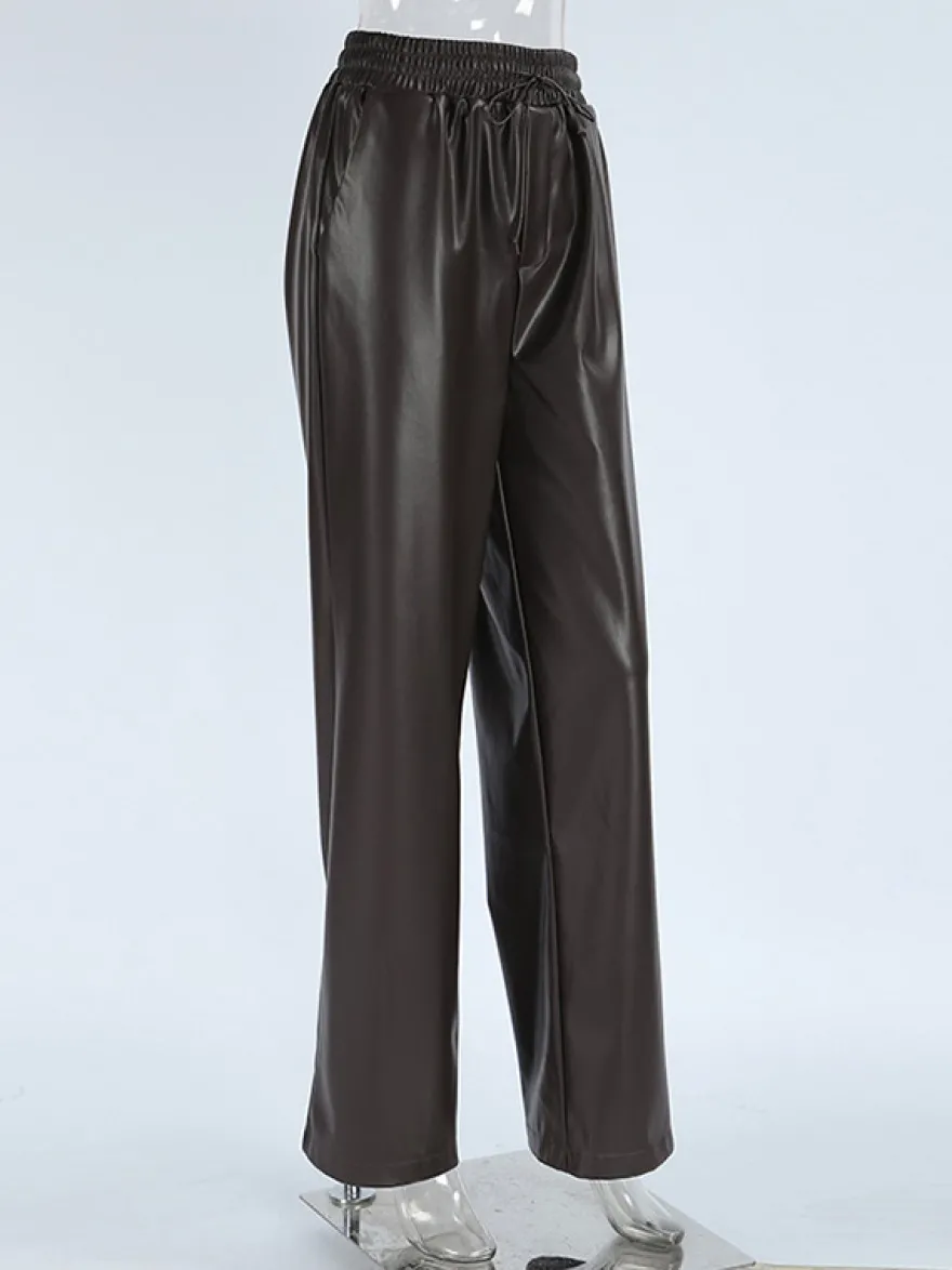 Pantalon large en similicuir à taille élastique et cordon de serrage