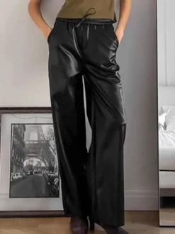 Pantalon large en similicuir à taille élastique et cordon de serrage