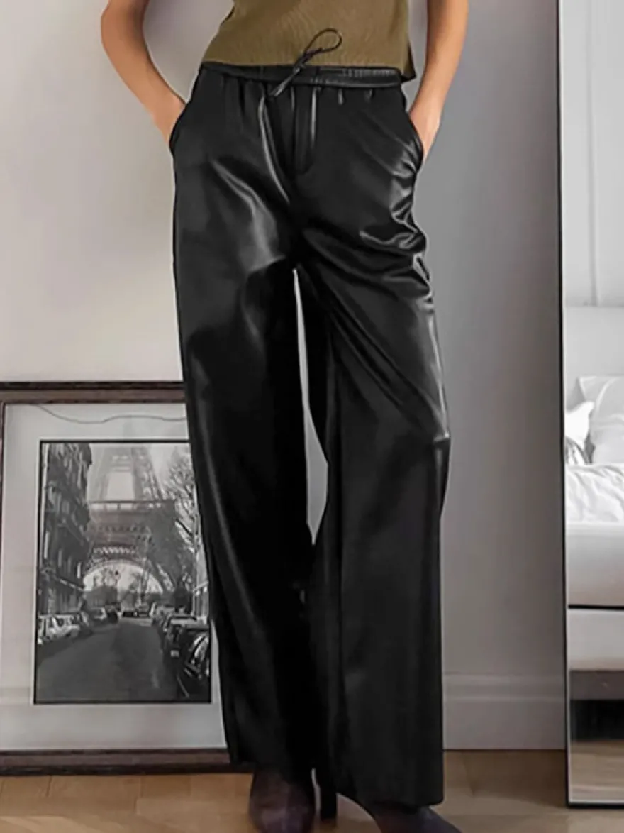 Pantalon large en similicuir à taille élastique et cordon de serrage