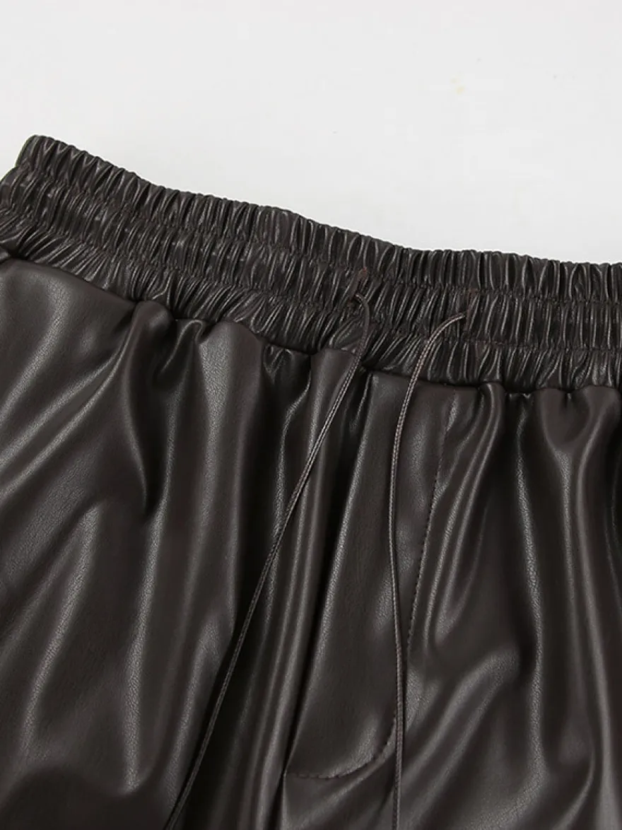 Pantalon large en similicuir à taille élastique et cordon de serrage