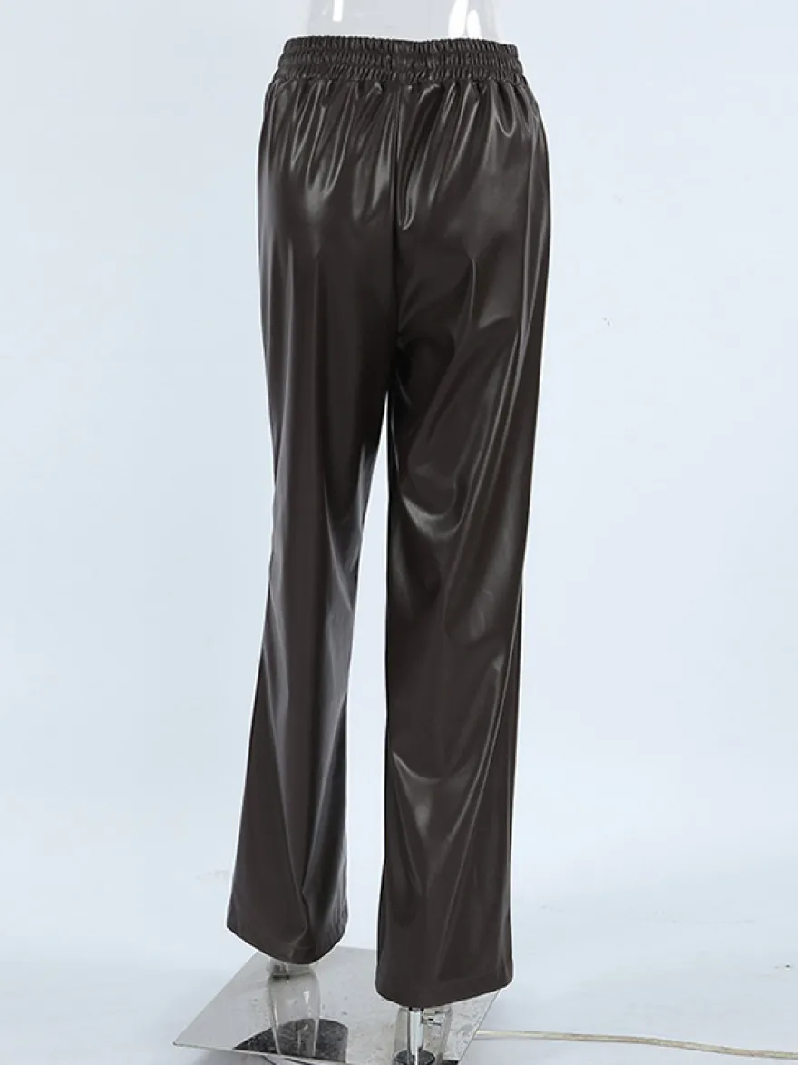Pantalon large en similicuir à taille élastique et cordon de serrage