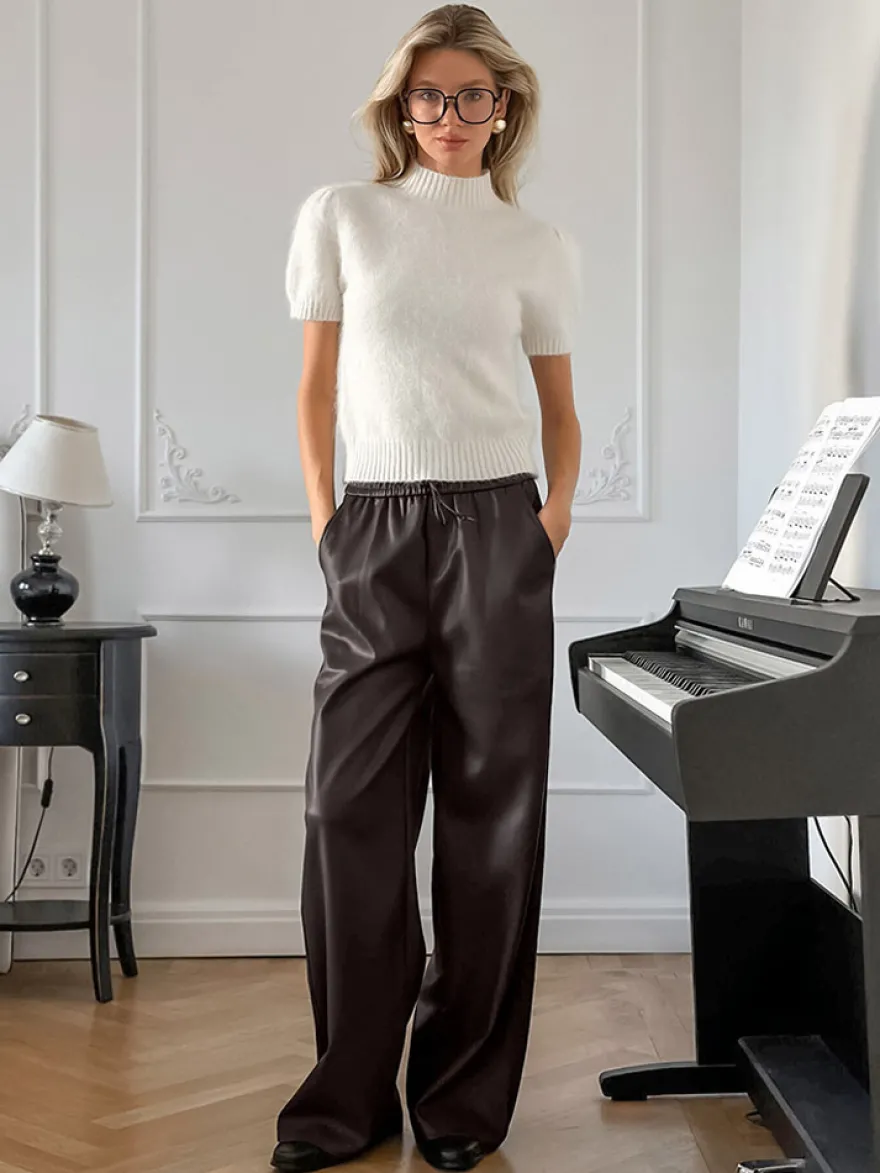 Pantalon large en similicuir à taille élastique et cordon de serrage