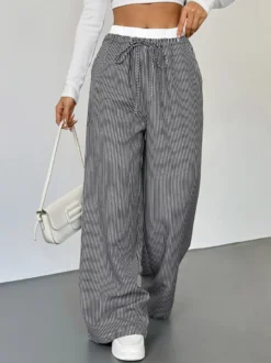 Pantalon large rayé noir et blanc pour femme taille élastiquée contrastée avec cordon de serrage style décontracté