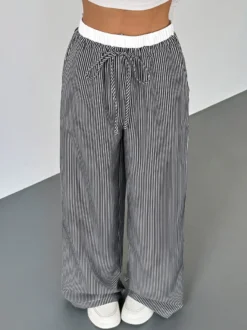 Pantalon large rayé noir et blanc pour femme taille élastiquée contrastée avec cordon de serrage style décontracté