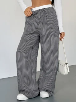 Pantalon large rayé noir et blanc pour femme taille élastiquée contrastée avec cordon de serrage style décontracté