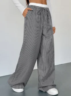 Pantalon large rayé noir et blanc pour femme taille élastiquée contrastée avec cordon de serrage style décontracté