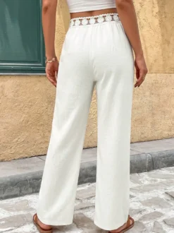 Pantalon large à taille en dentelle pour femme blanc crème taille haute élastique