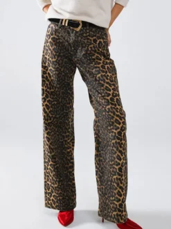 Pantalon marron taille haute imprimé léopard
