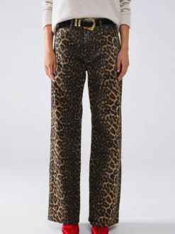 Pantalon marron taille haute imprimé léopard