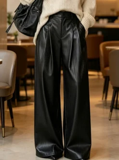 Pantalon noir décontracté taille haute à jambes larges avec ceinture plissé coupe droite ample style clubwear pour femme