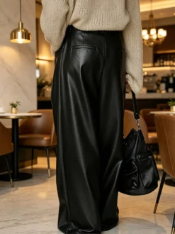 Pantalon noir décontracté taille haute à jambes larges avec ceinture plissé coupe droite ample style clubwear pour femme