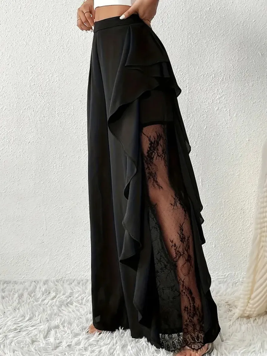 Pantalon noir uni à volants et taille naturelle idéal pour l'été