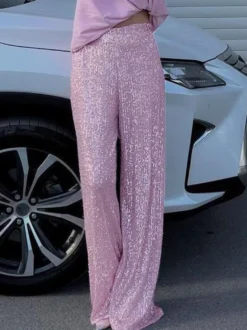 Pantalon Paillettes Argentées Taille Haute