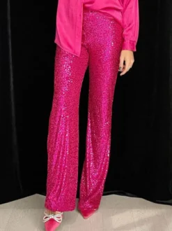 Pantalon Paillettes Argentées Taille Haute
