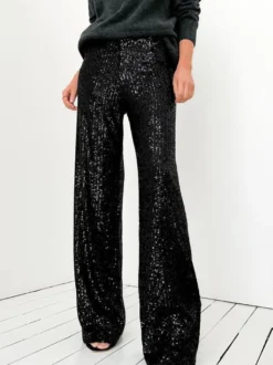 Pantalon Paillettes Argentées Taille Haute