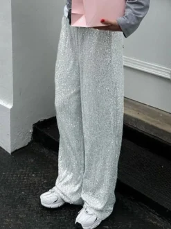 Pantalon Paillettes Argentées Taille Haute