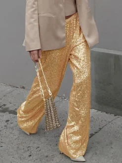Pantalon Paillettes Argentées Taille Haute