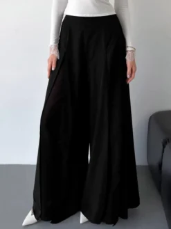 Pantalon palazzo femme à jambes larges double épaisseur de maille fendue fluide taille haute