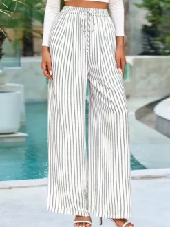 Pantalon palazzo à rayures bohèmes pour femme - Imprimé vertical taille haute cordon de serrage - Collection été 2026