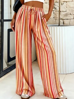 Pantalon palazzo à rayures bohèmes pour femme - Imprimé vertical taille haute cordon de serrage - Collection été 2026