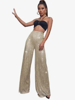 Pantalon palazzo à sequins taille haute et jambes larges style clubwear.