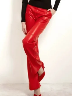 Pantalon rouge en similicuir PU taille naturelle coupe droite chic