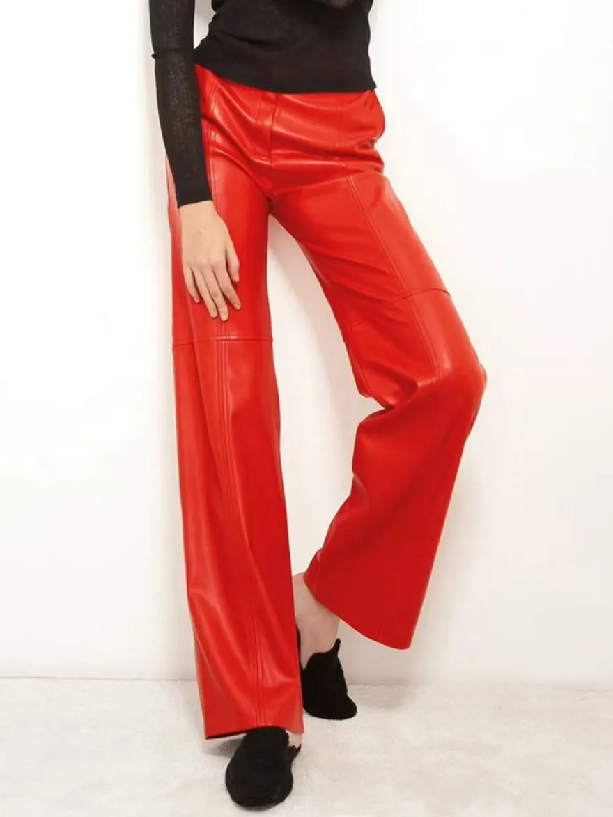 Pantalon rouge en similicuir PU taille naturelle coupe droite chic