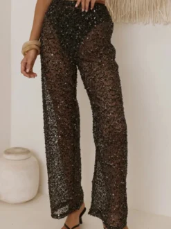 Pantalon à sequins chocolat taille naturelle