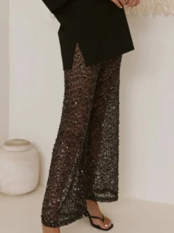Pantalon à sequins chocolat taille naturelle