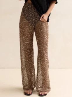 Pantalon à sequins chocolat taille naturelle